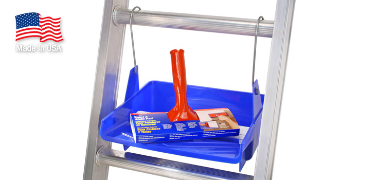 Paint Pad Tray hangs from a ladder