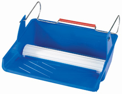 Blue paint pad tray with 10 inch transfer wheel and wire handle
