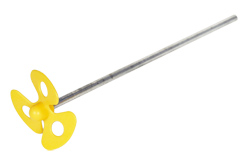 One gallon paint mixer has yellow plastic blades and a galvanized steel shaft